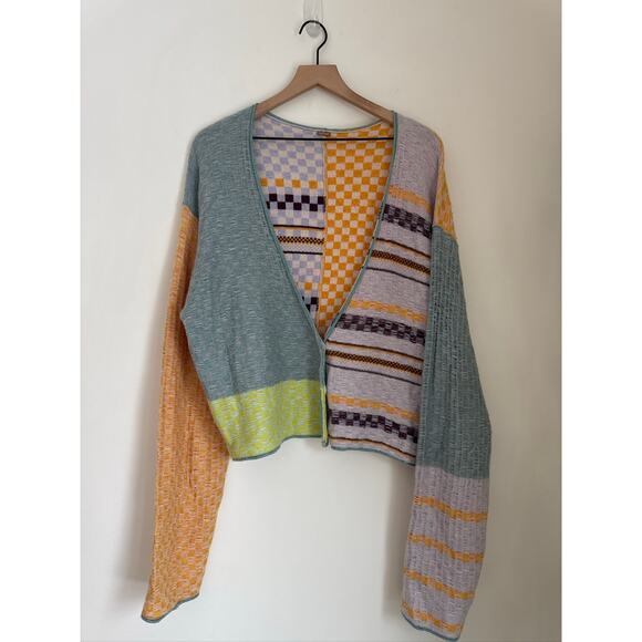 Free People Ready Set Go Printed Cardigan Multicolor Checkered Knit Sweater XL - Picture 2 of 6
